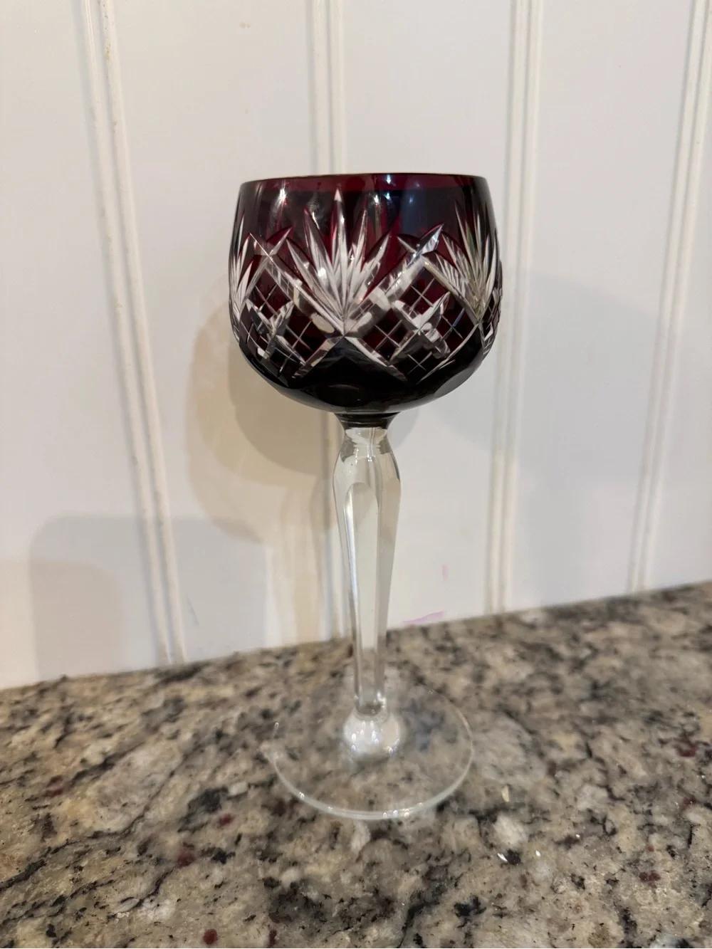 Elegant Ruby Cut to Clear Crystal Goblet - Red Stemware Czechoslovakia